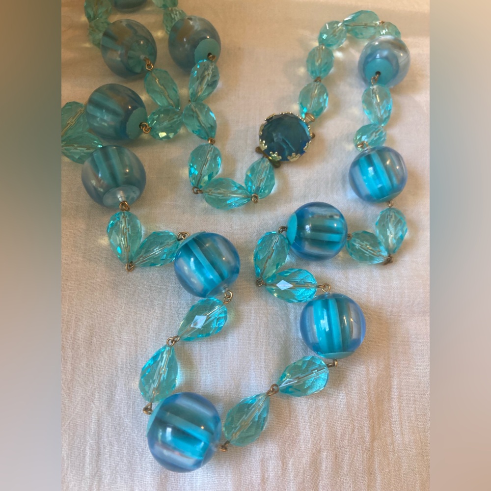 W Germany Vintage Blue Chunky Beaded Necklace Ornate Clasp